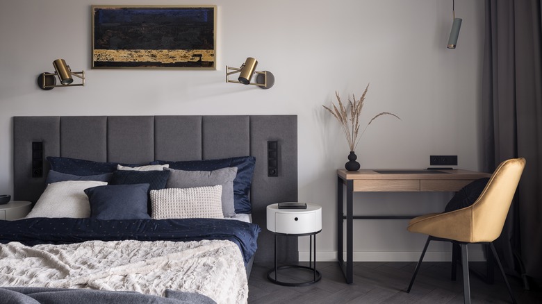 desk in industrial gray bedroom
