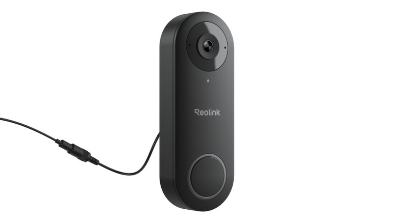 A black Reolink Video DoorBell on white background