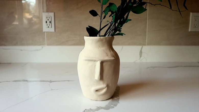 Vase covered in airdry clay with a face motif on the front and green foliage in it