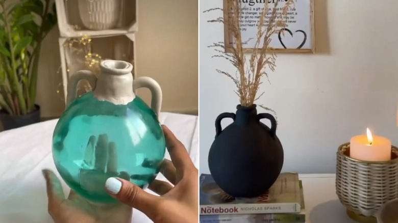 Broken blue vase with a replacement top and handles and the finished product painted black sitting on top of books