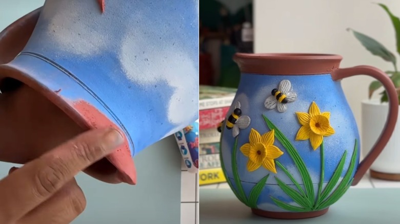 Creator shaping a new spout and the finished vase with flowers and bees on the side