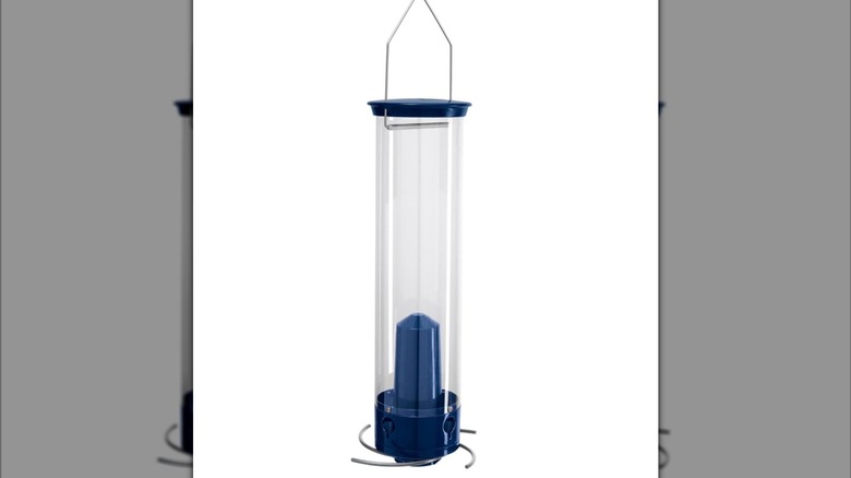 A plastic tube bird feeder with a blue lid and base, displayed against a white backdrop.
