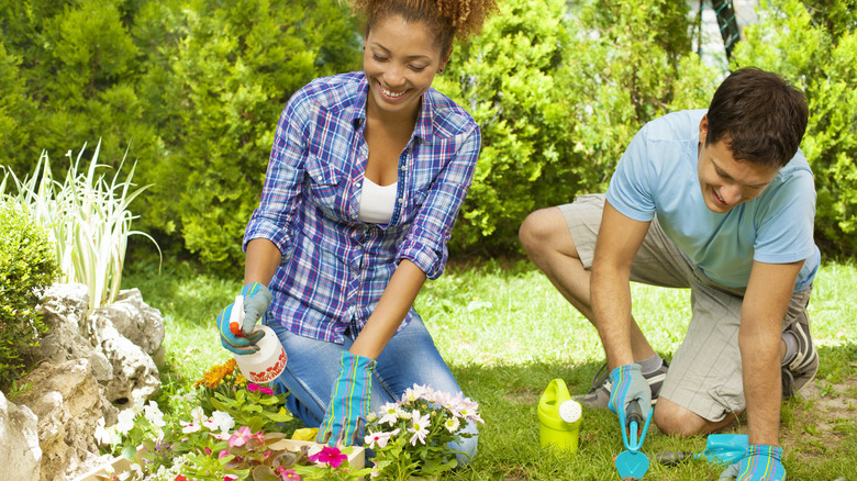 Young couple planting various flowers in a garden