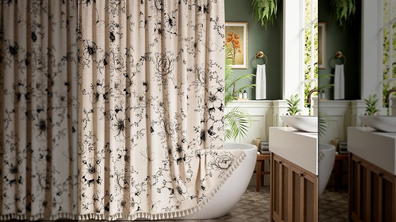 Floral shower curtain in bathroom