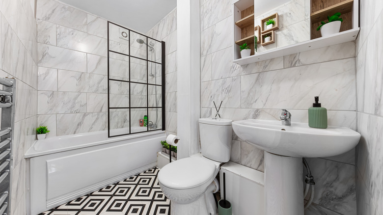 A modern bathroom with a black-framed glass shower screen featuring 12 panels