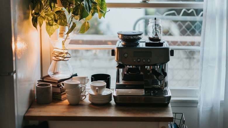 small, lighted coffee bar counter
