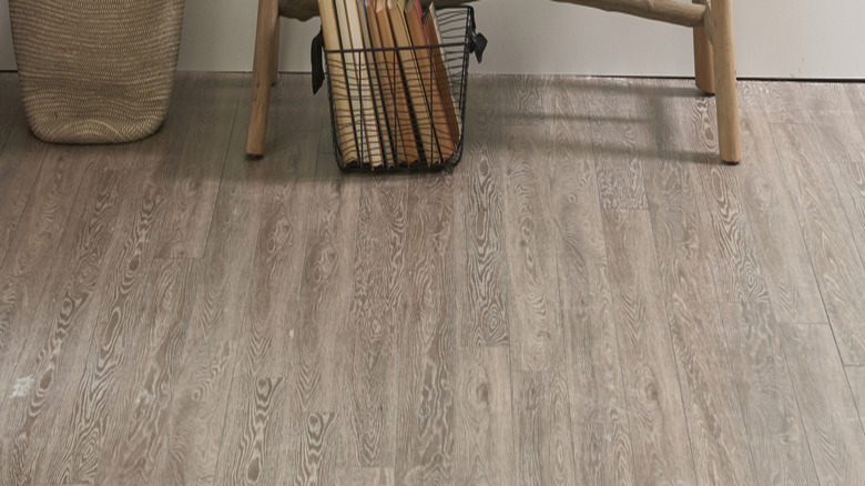 Blue-green paint on a wall next to a wooden bench and potted plant.