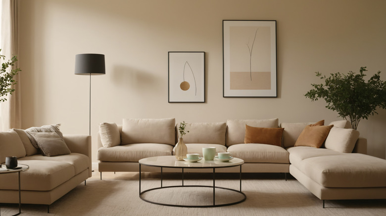 Living area with beige sectional sofa and beige walls with modernist artworks