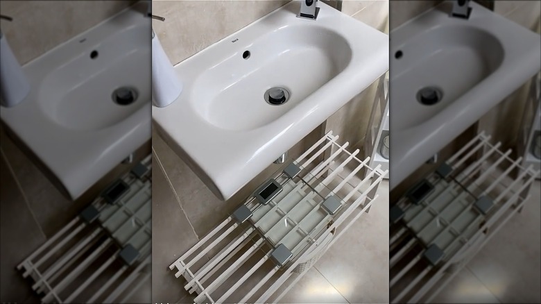 Bathroom with shoe rack under sink