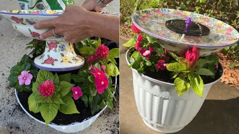 In a split image, a floral fruit bowl is placed among flowers in a white flower pot, and it's filled with water while sitting in the middle of a ring of flowers, buried in the flower pot.