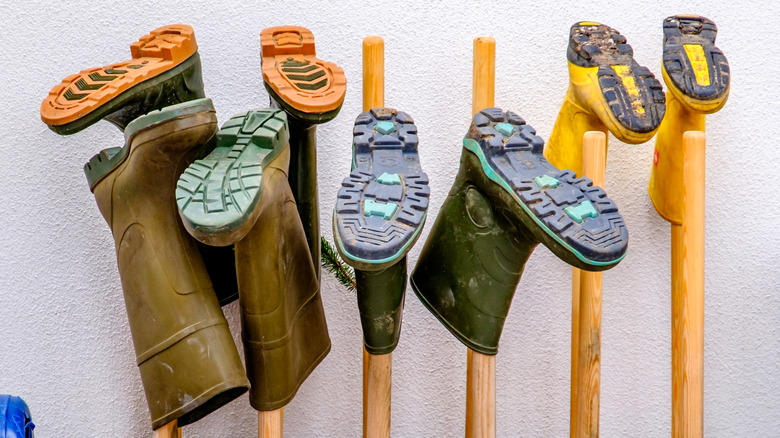 A collection of Wellington boots are stored upside down on a wooden rack.