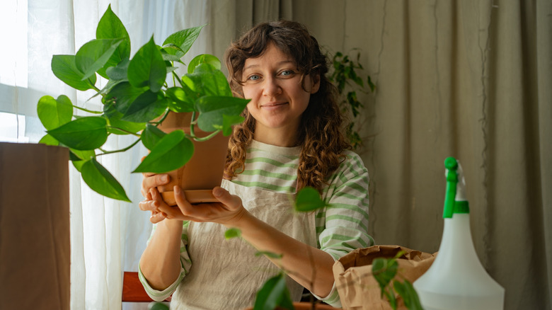 A woman holding a pothos in a pot up to camera
