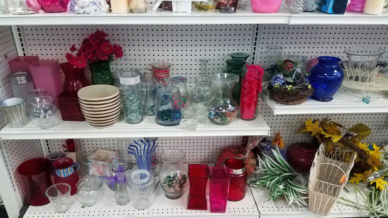 Vases on thrift store shelves