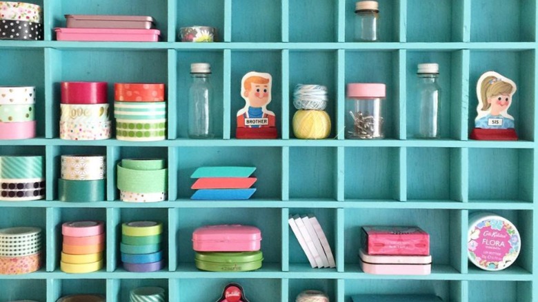 Cubby shelves used for crafting supplies