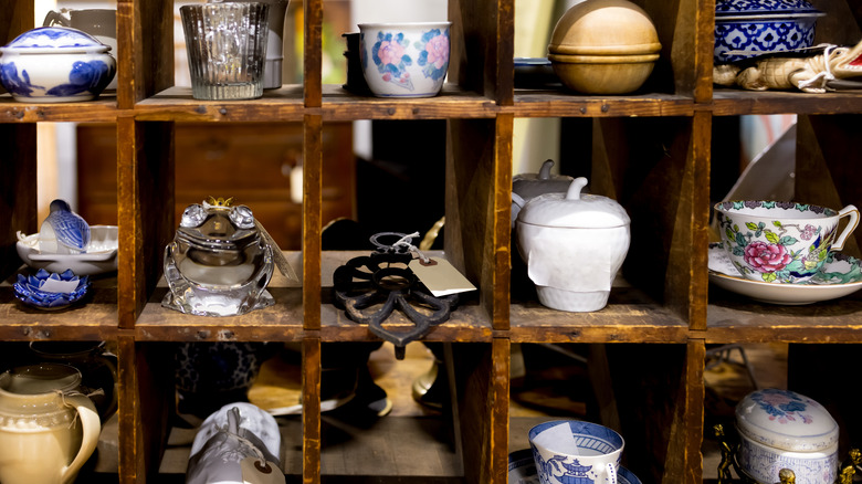 Wood shelves in thrift store
