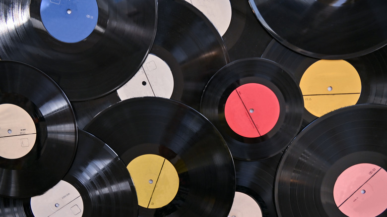 Close up of vinyl record pile