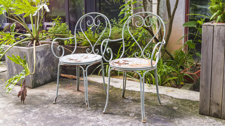 Pair of rusty metal chairs on a concrete patio with plants