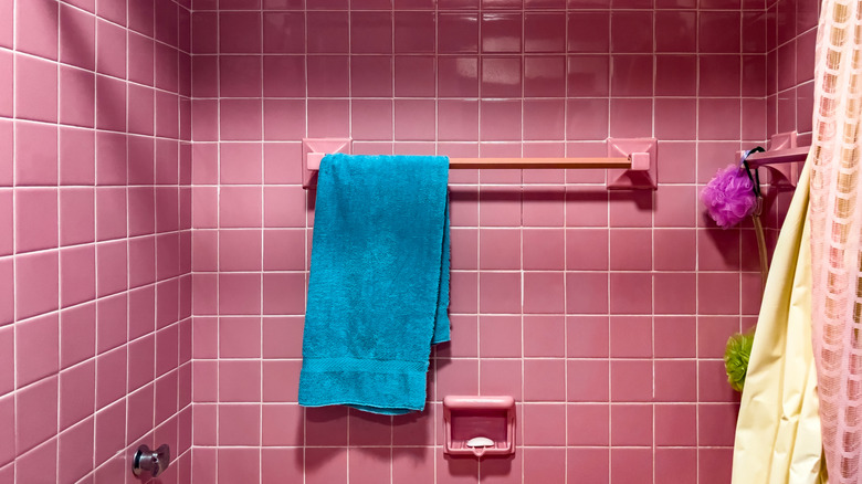 pink bathroom with towel rack