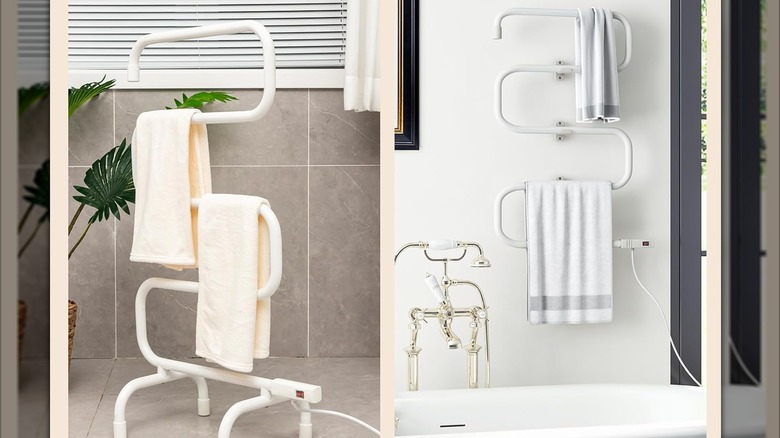 two images of the Tangkula towel warmer, one freestanding in a tiled bathroom, one mounted on a wall above a bathtub