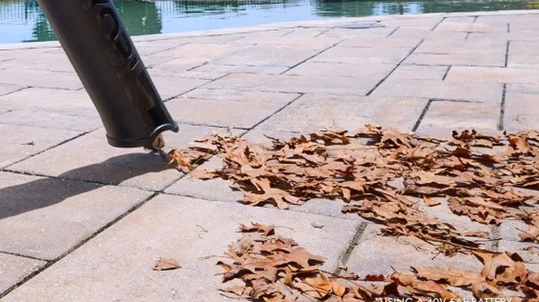 Ryobi tool removing fall leaves from a patio