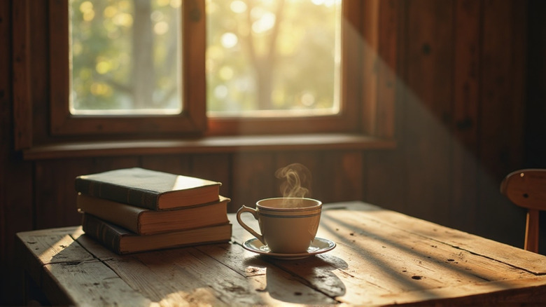 A rustic wooden table with a ceramic coffee cup, stacked books