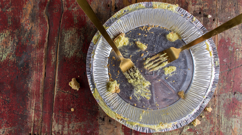 A used, empty pie tin that can be upcycled to deter squirrels from birdfeeders.
