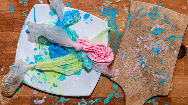 plastic bags covered in paint