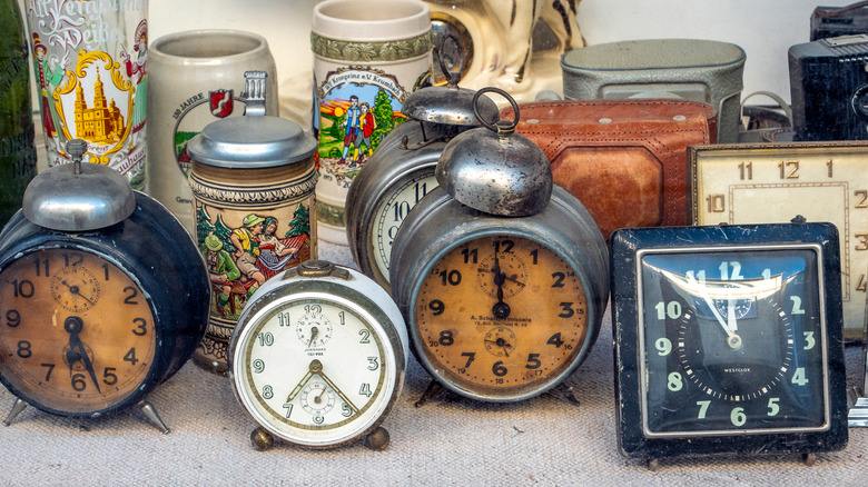 Collection of vintage clocks on a table