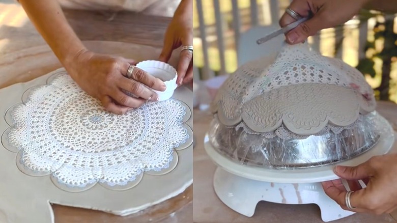 Doily being used to pattern a clay bowl