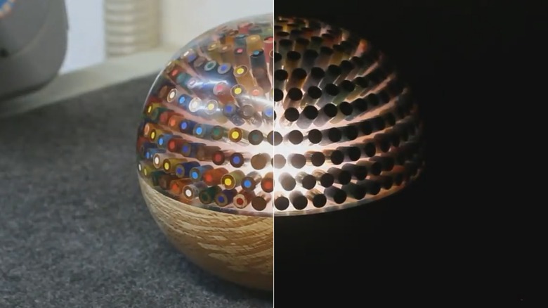 Split image showing DIY lamp in light and darkness