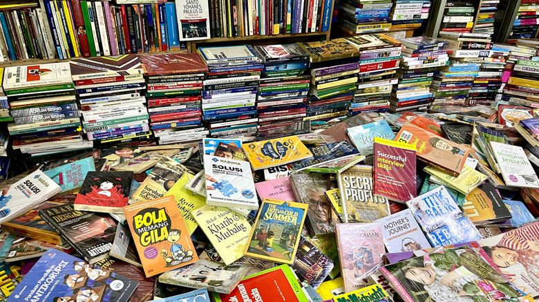Pile of used books in a second-hand store