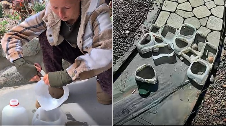 A split image showing the creator cutting up the milk jugs on the left and using them as molds to make the path on the right