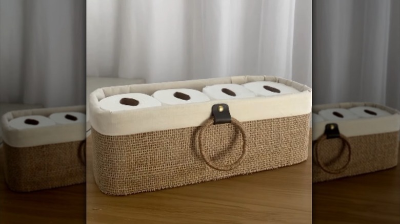 finished toilet roll holder made from jute and cardboard