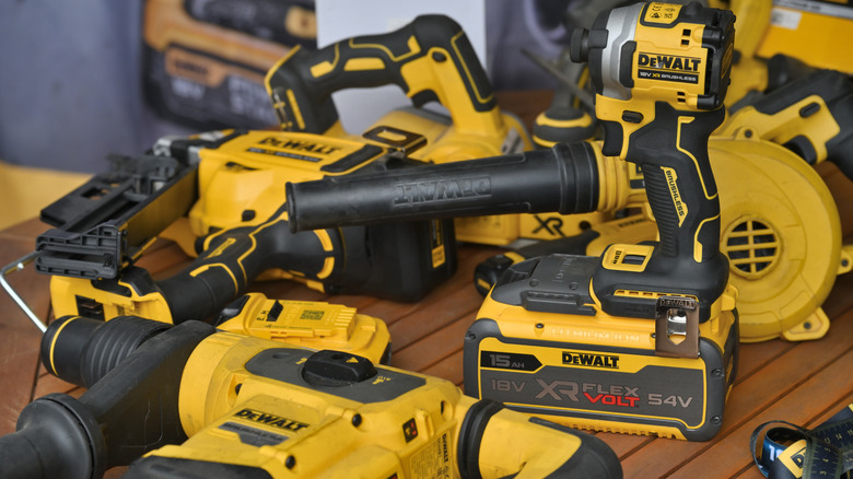 lots of professional DeWalt tools on a construction site in Vilnius.