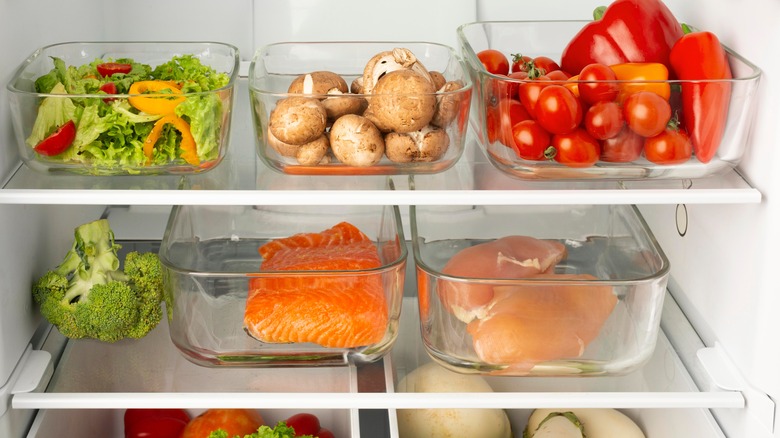 food in clear fridge bins