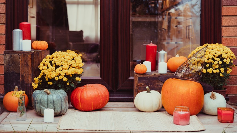 pumpkins decorating porch