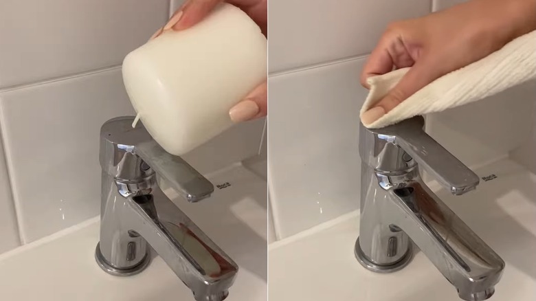 Woman rubbing faucet with white candle and cloth