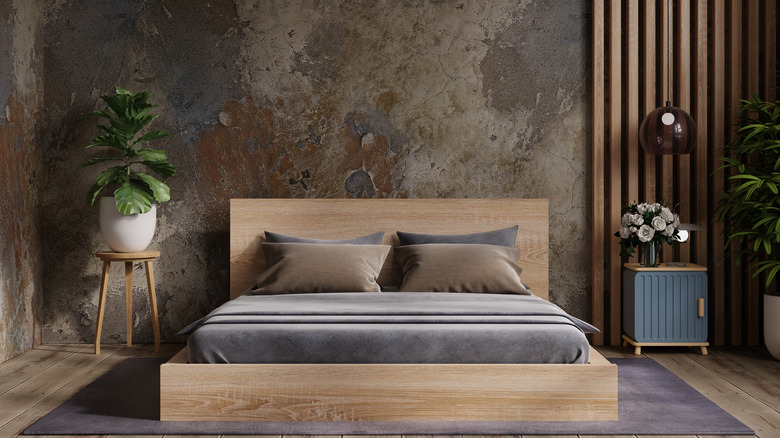 Rustic bedroom textured stone wall
