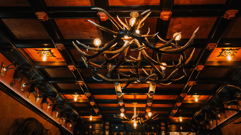 A chandelier made from antlers hanging from a rustic ceiling.