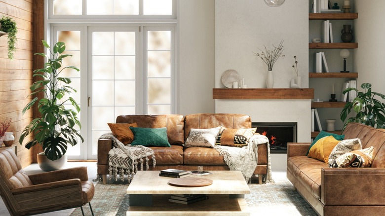 A rustic living room with brown leather couches, throw blankets, and pillows.