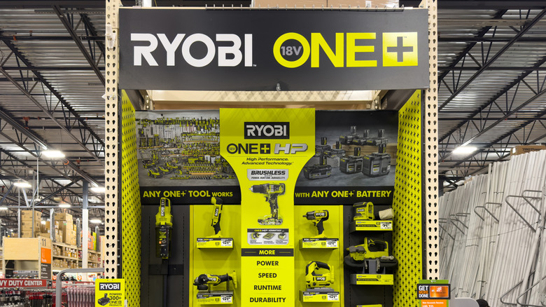 A display of Ryobi One+ products in a home improvement store
