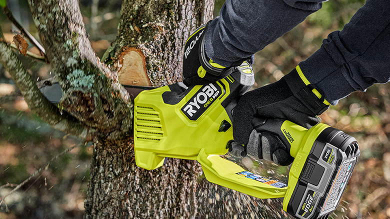 A person cutting through the branch of a tree with a Ryobi power saw