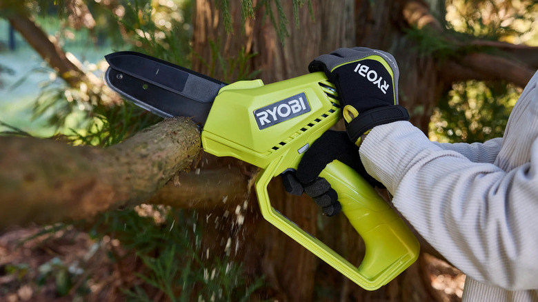 A person trimming a tree branch with Ryobi's 12V 6-inch Cordless Battery Compact Pruning Mini Chainsaw