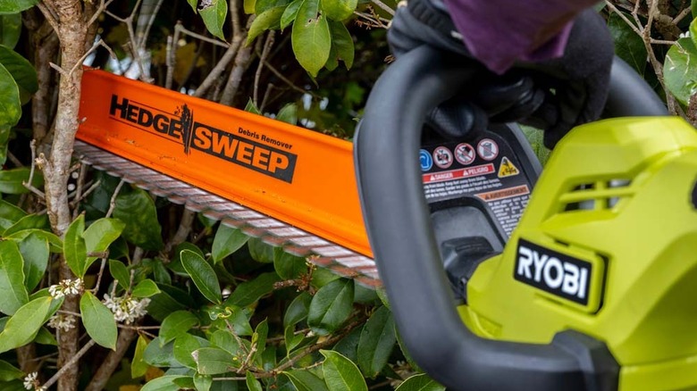 A close-up of Ryobi's 18V One+ 22-inch Lithium-Ion Cordless Hedge Trimmer