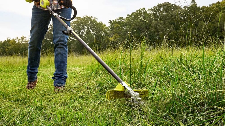 A person trimming thick undergrowth with Ryobi's Expand-It Brush-Cutter Trimmer Attachment