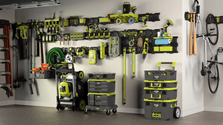 An organized garage wall with the Ryobi Link storage system