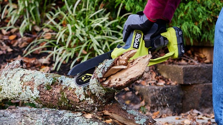 Close-up of a person using Ryobi's 18V One+ 6-inch Pruning Mini Chainsaw
