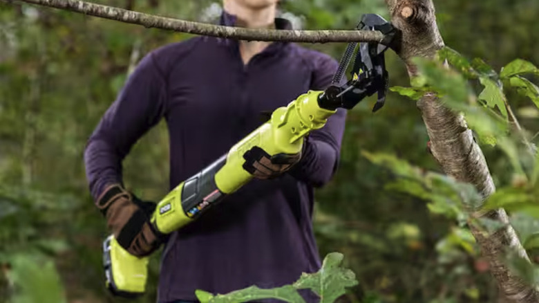 A gardener cutting tree branches with Ryobi's 18V One+ Cordless Lopper