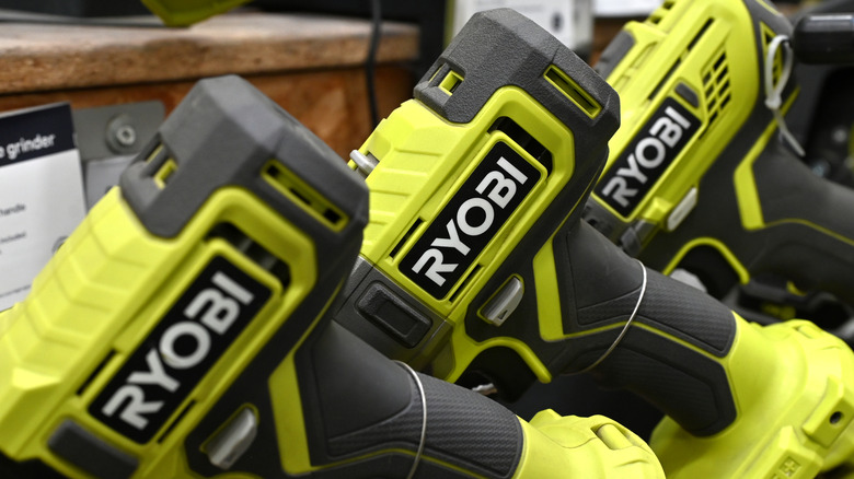 Ryobi drills on sale in a store