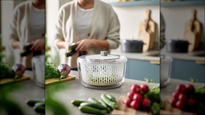 Salad preparation  set sitting on counter surrounded by vegetables